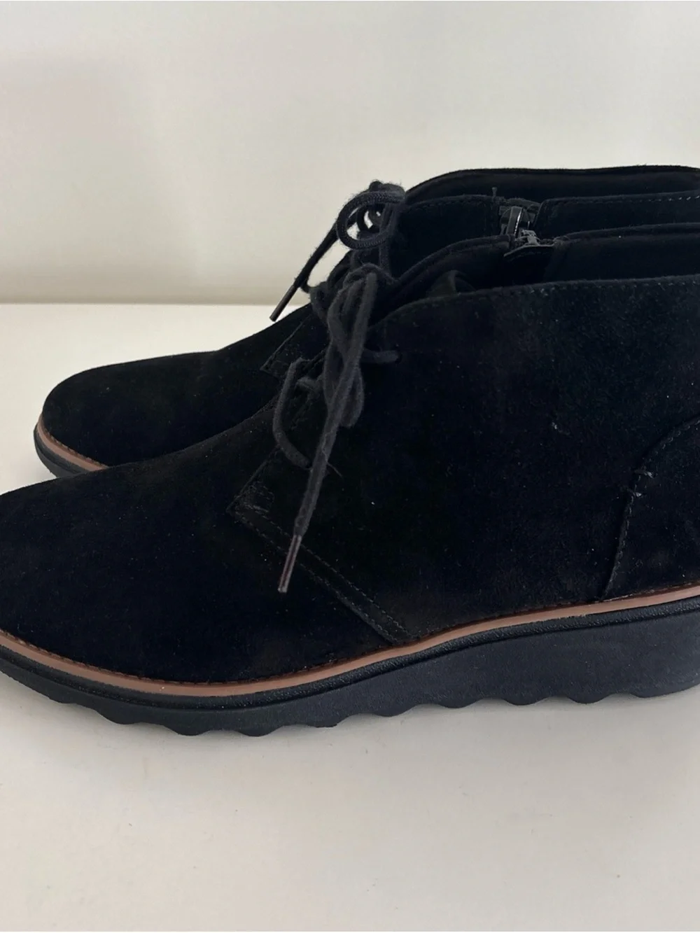 Clarks Black Suede Ankle Booties with Lace-Up Front
